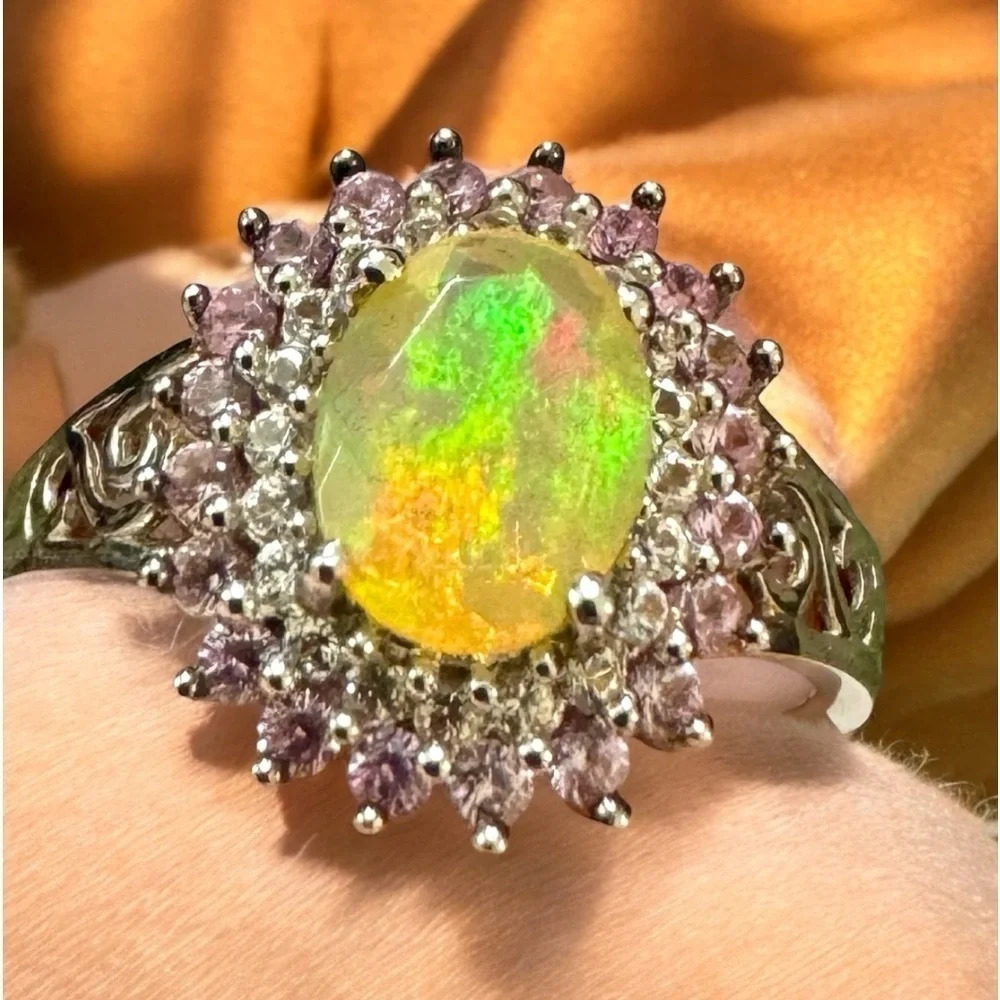 💛Fire Opal🩷Pink Sapphire🤍Topaz Sterling Silver Ring (7)